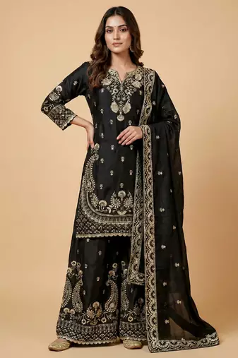 Black designer chinon sequins embroidered work readymade suit