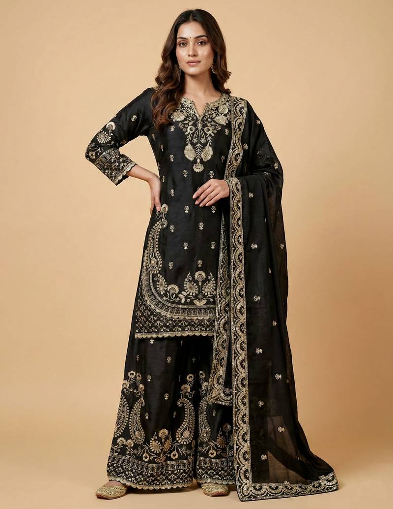 Black designer chinon sequins embroidered work readymade suit