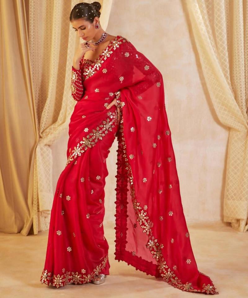 Red georgette embroidered saree