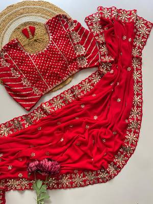 Red georgette embroidered saree 2