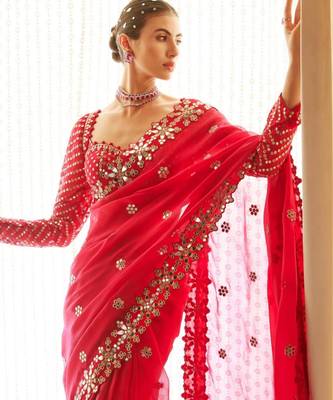 Red georgette embroidered saree 3