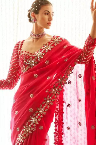 Red georgette embroidered saree