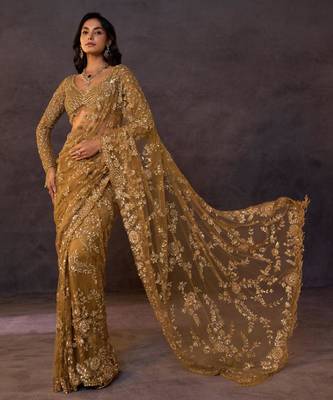 Mustard net embroidered saree 1