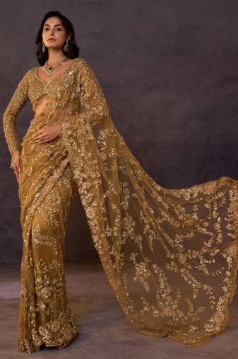 Mustard net embroidered saree