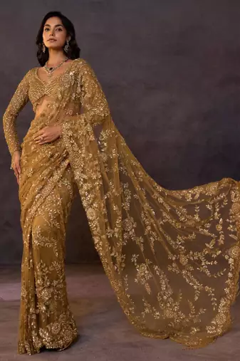 Mustard net embroidered saree