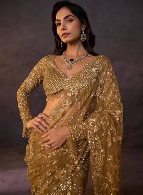 Mustard net embroidered saree 2