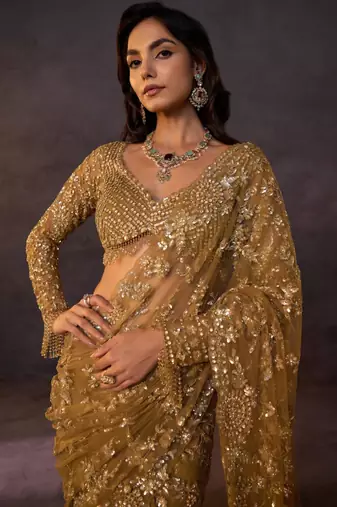 Mustard net embroidered saree