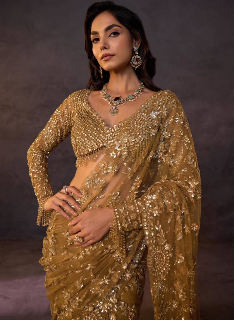 Mustard net embroidered saree