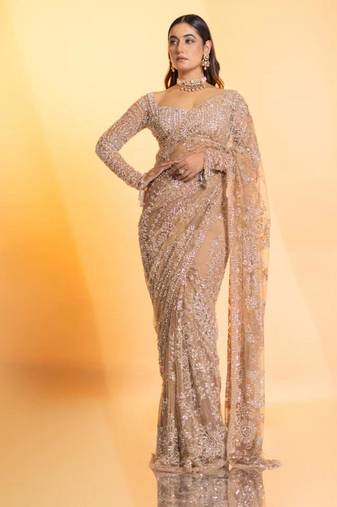 Cream net embroidered saree