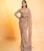 Cream net embroidered saree