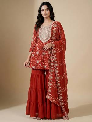 Orange designer fox georgette embroidered work readymade suit 1