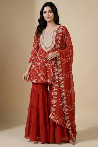 Orange designer fox georgette embroidered work readymade suit