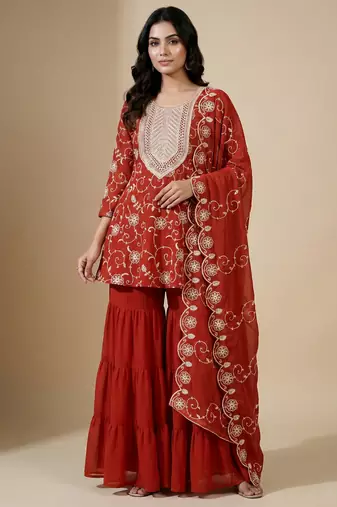 Orange designer fox georgette embroidered work readymade suit