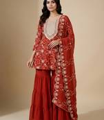Orange designer fox georgette embroidered work readymade suit