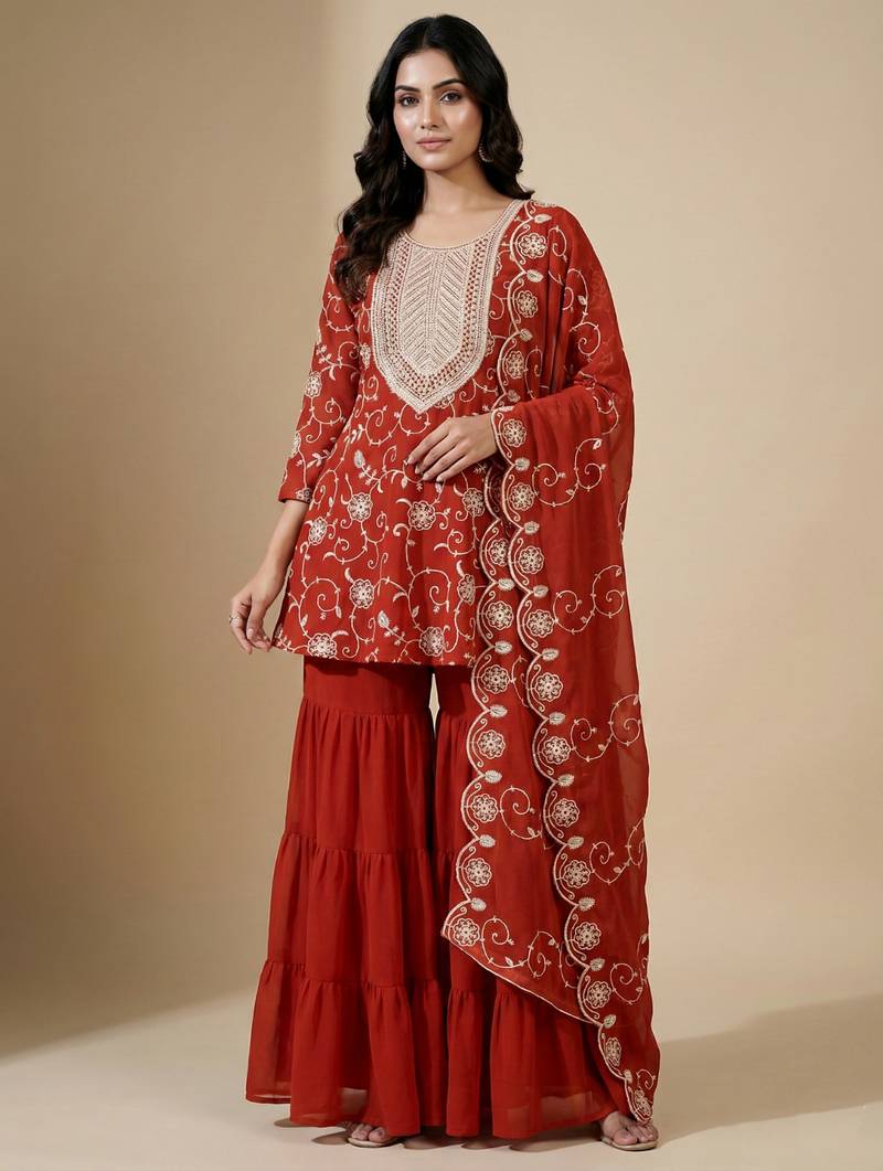 Orange designer fox georgette embroidered work readymade suit