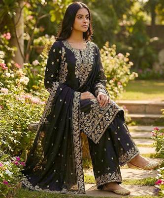 Black designer pure gmy silk sequins embroidered work readymade suit 3