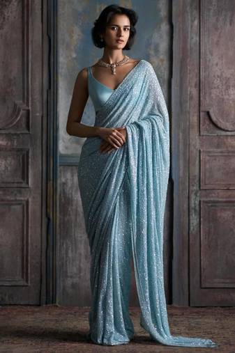 Sky blue georgette embroidered saree