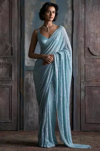 Sky blue georgette embroidered saree