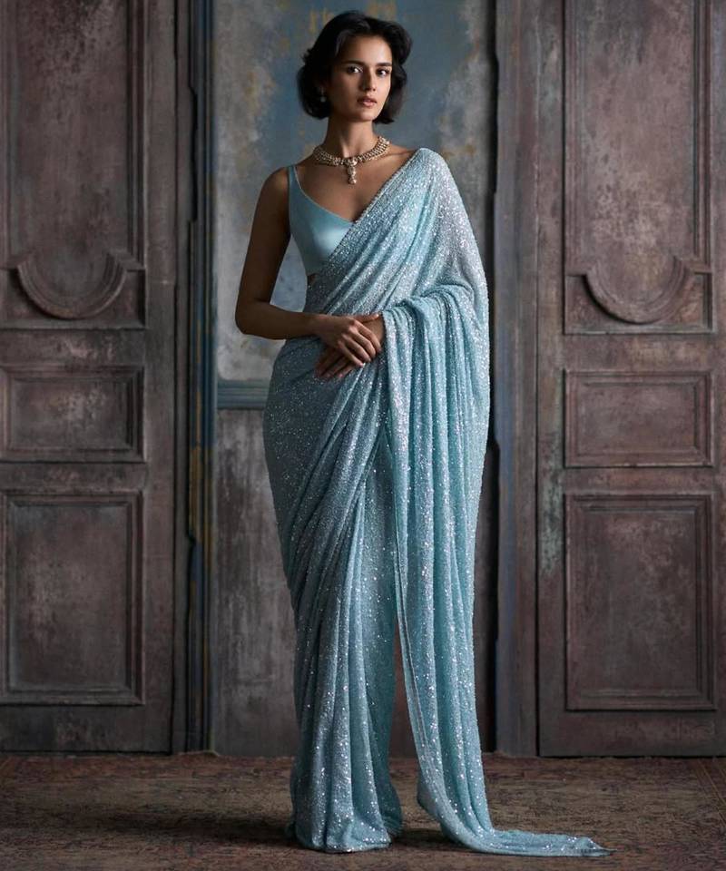 Sky blue georgette embroidered saree