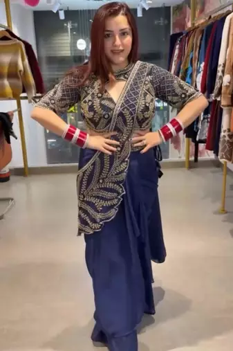 Blue silk blend embroidered saree