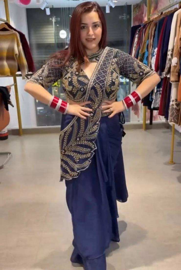 Blue silk blend embroidered saree