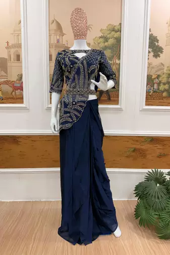 Blue silk blend embroidered saree