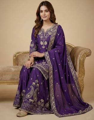 Purple designer chinon sequins embroidered work readymade suit 2