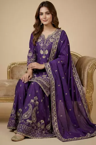 Purple designer chinon sequins embroidered work readymade suit