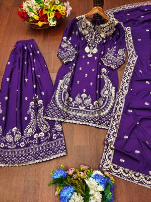 Purple designer chinon sequins embroidered work readymade suit 3