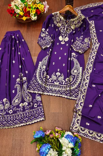 Purple designer chinon sequins embroidered work readymade suit
