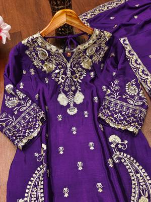 Purple designer chinon sequins embroidered work readymade suit 4