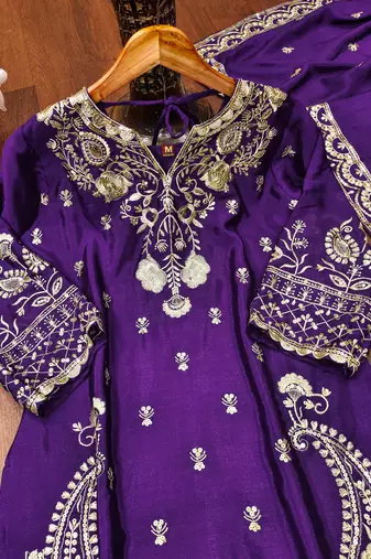Purple designer chinon sequins embroidered work readymade suit