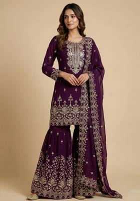 Wine designer fox georgette sequins embroidered work readymade suit 1