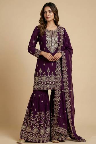Wine designer fox georgette sequins embroidered work readymade suit