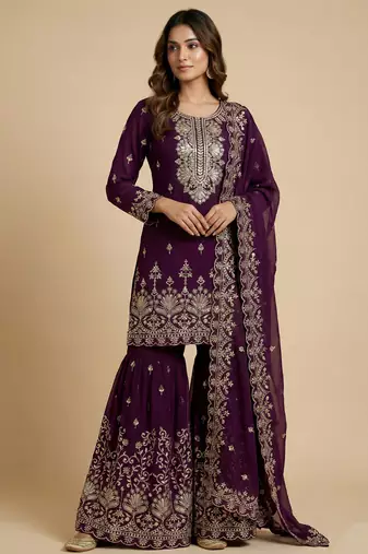 Wine designer fox georgette sequins embroidered work readymade suit