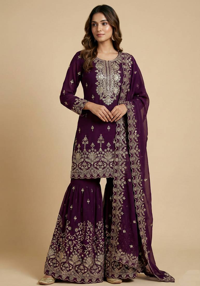 Wine designer fox georgette sequins embroidered work readymade suit