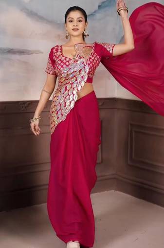 Pink georgette embroidered saree