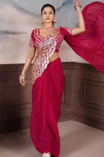 Pink georgette embroidered saree