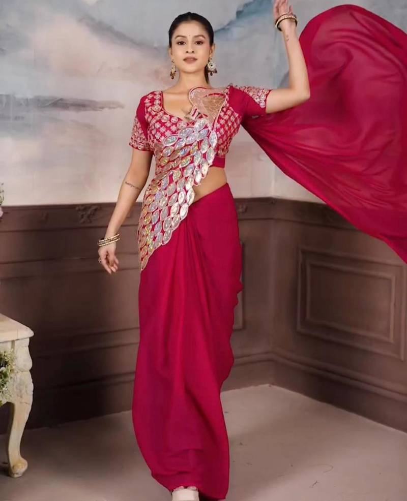 Pink georgette embroidered saree