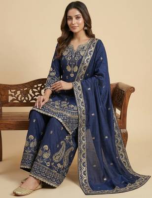 Navy blue designer chinon sequins embroidered work readymade suit 2