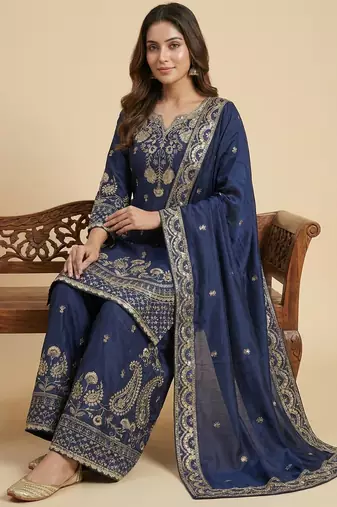 Navy blue designer chinon sequins embroidered work readymade suit