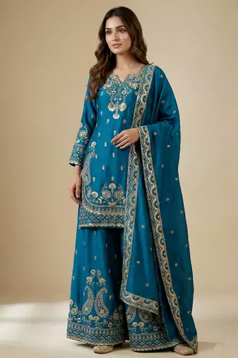Blue designer chinon sequins embroidered work readymade suit