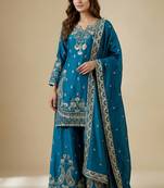 Blue designer chinon sequins embroidered work readymade suit