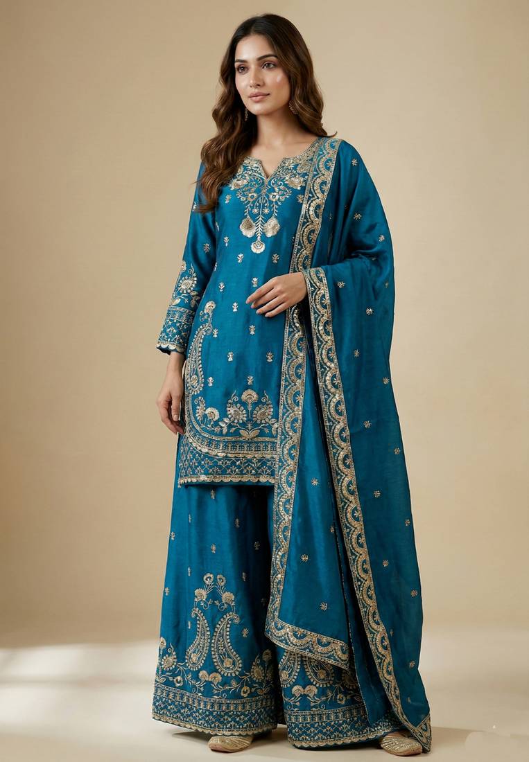Blue designer chinon sequins embroidered work readymade suit