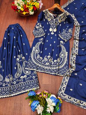 Navy blue designer chinon sequins embroidered work readymade suit 3