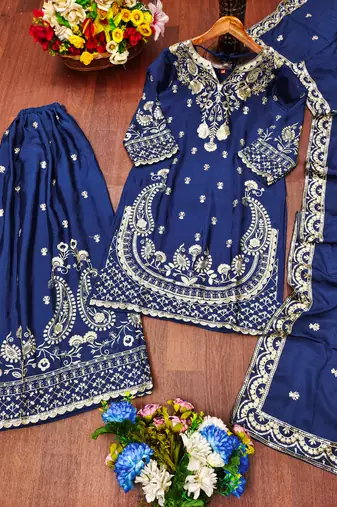 Navy blue designer chinon sequins embroidered work readymade suit