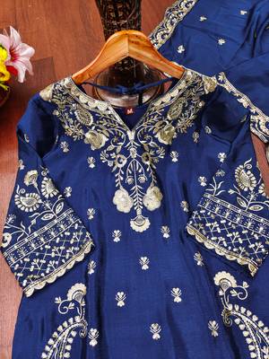 Navy blue designer chinon sequins embroidered work readymade suit 4