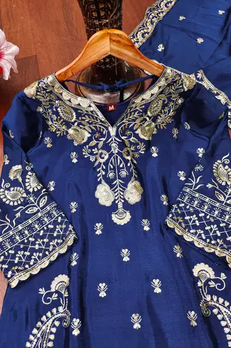 Navy blue designer chinon sequins embroidered work readymade suit