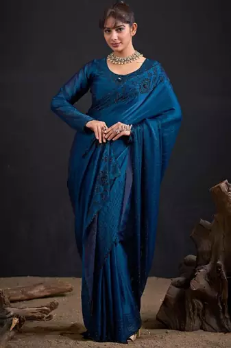 Blue satin embroidered saree