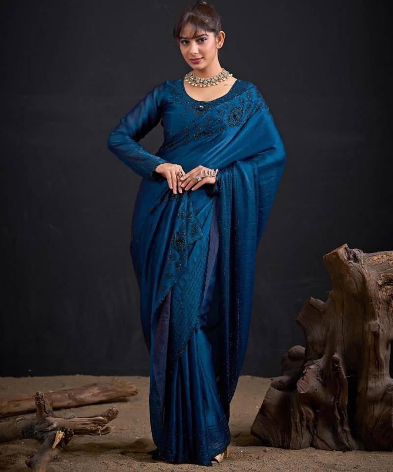Blue satin embroidered saree